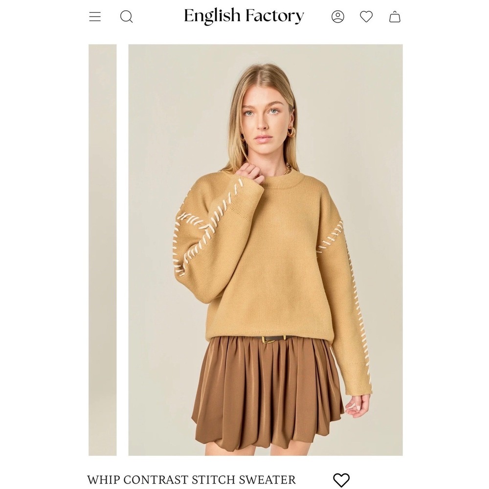 English Factory Whip Contrast Stitch Sweater Camel Relaxed Fit Long Sleeve Sz S - Picture 2 of 16